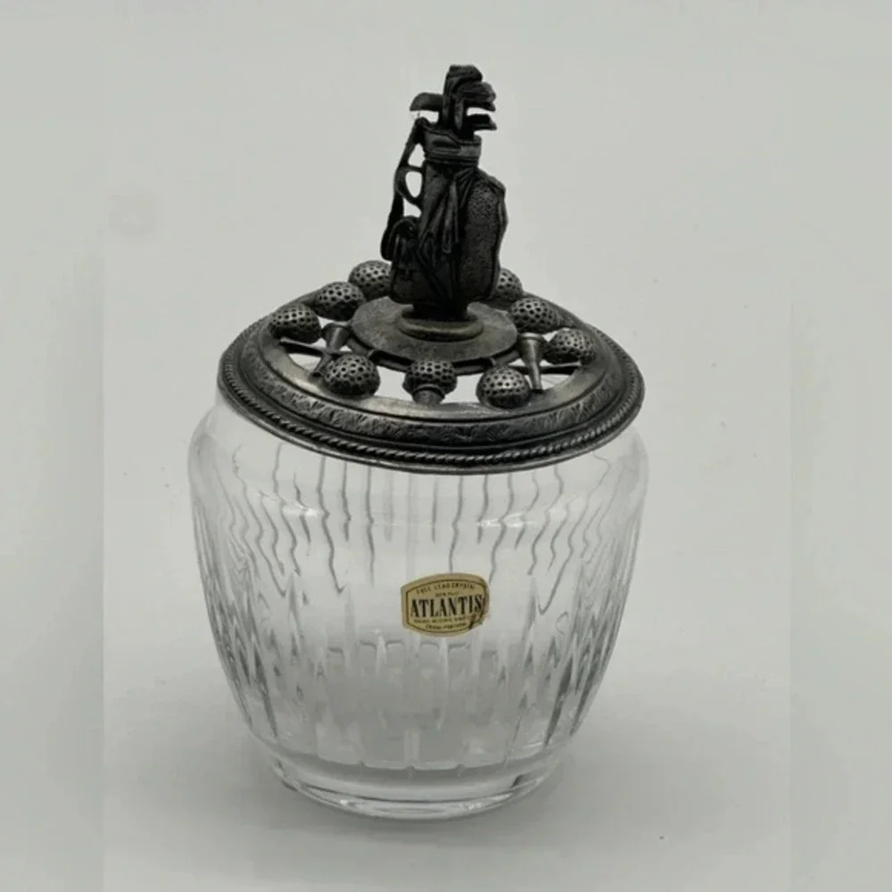 ATLANTIS Silver Mounted Lid Crystal Glass Candy Display‎ Vanity Trinket PORTUGAL